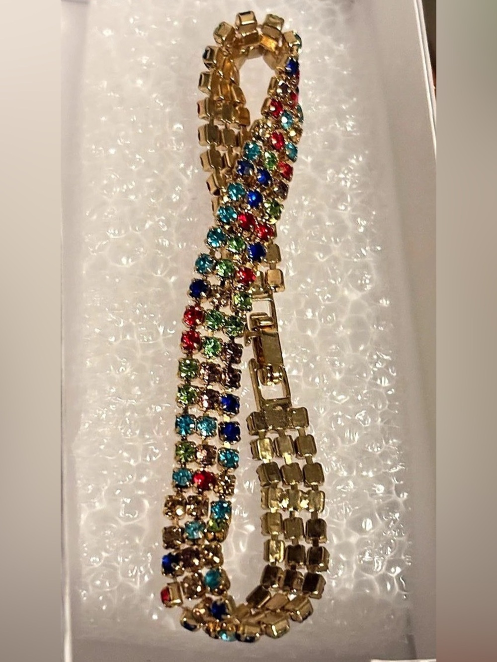 Vintage Gold-Tone 3-Row Multicolor Rhinestone Tennis Bracelet